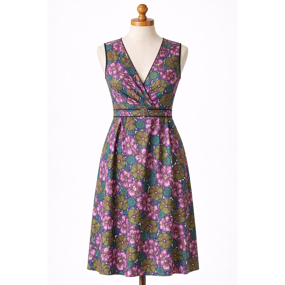 Vintage Floral Sun Dress Pink Green 1960s Belt Flowers V Neck